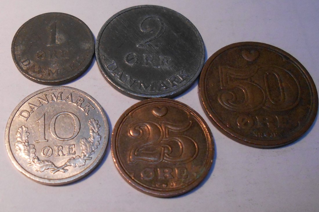  TK59 Dänemark 5er Lot, 1 Öre 1963, 2 Öre 1966, 10 Öre 1972, 25 Öre 1991, 50 Öre 1989   