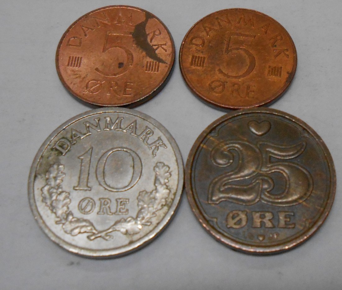  TK61 Dänemark 4er Lot, 5 Öre 1979 1980, 10 Öre 1972, 25 Öre 1995   