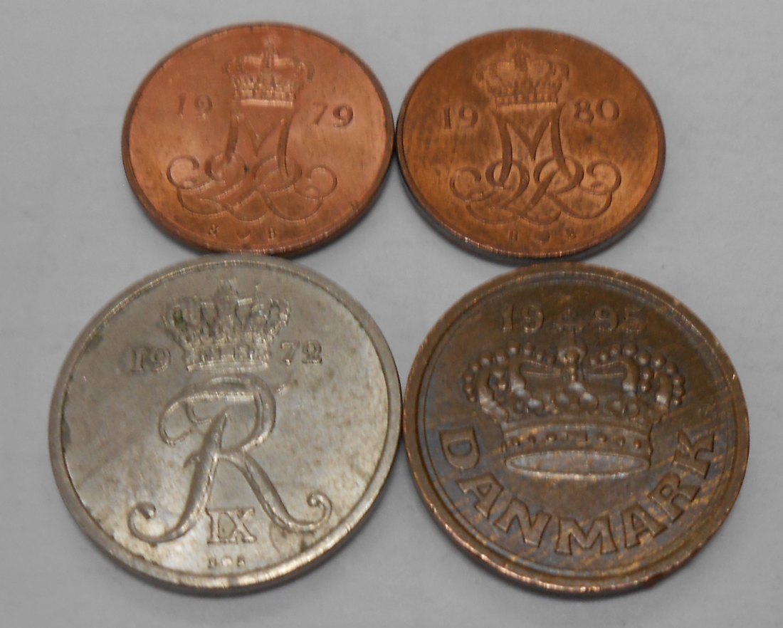  TK61 Dänemark 4er Lot, 5 Öre 1979 1980, 10 Öre 1972, 25 Öre 1995   