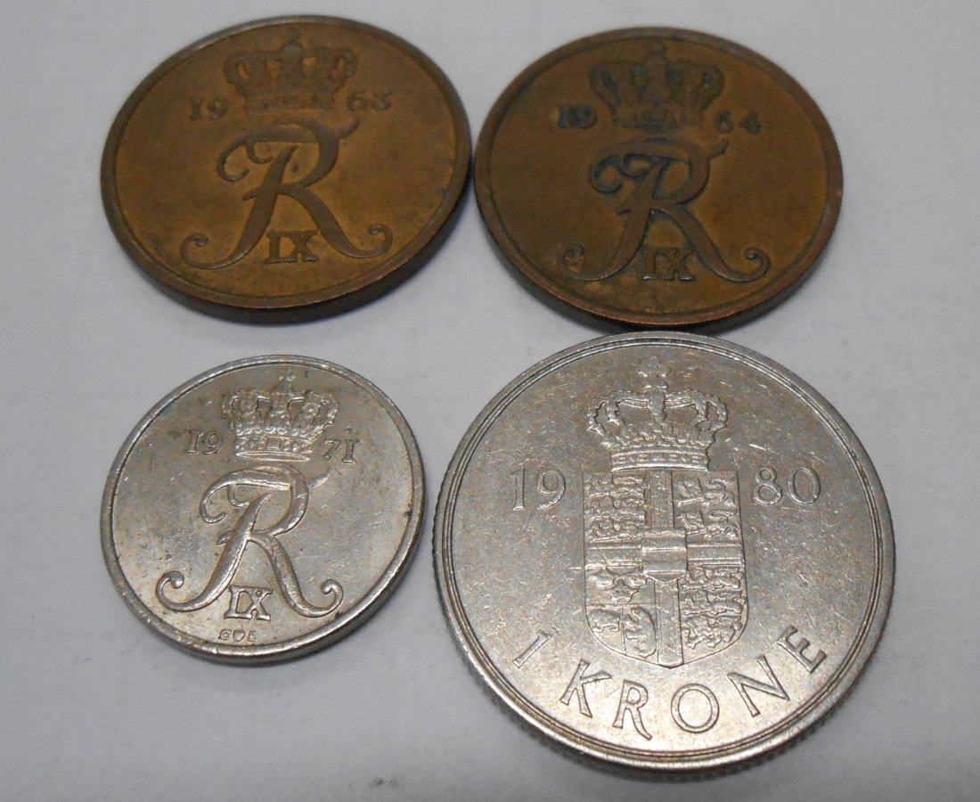  TK62 Dänemark 4er Lot, 5 Öre 1969 1972, 10 Öre 1971, 1 Krone 1980   