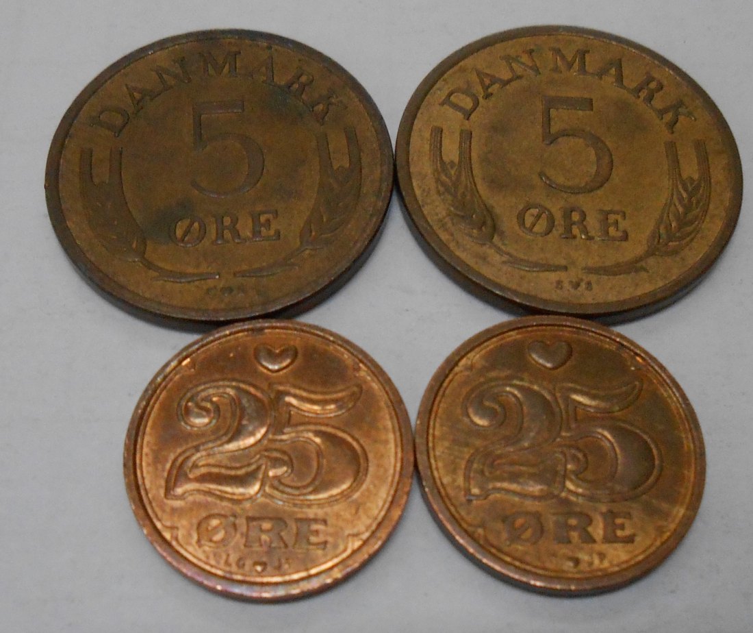  TK63 Dänemark 4er Lot, 5 Öre 1969 1972, 25 Öre 1991 1995   