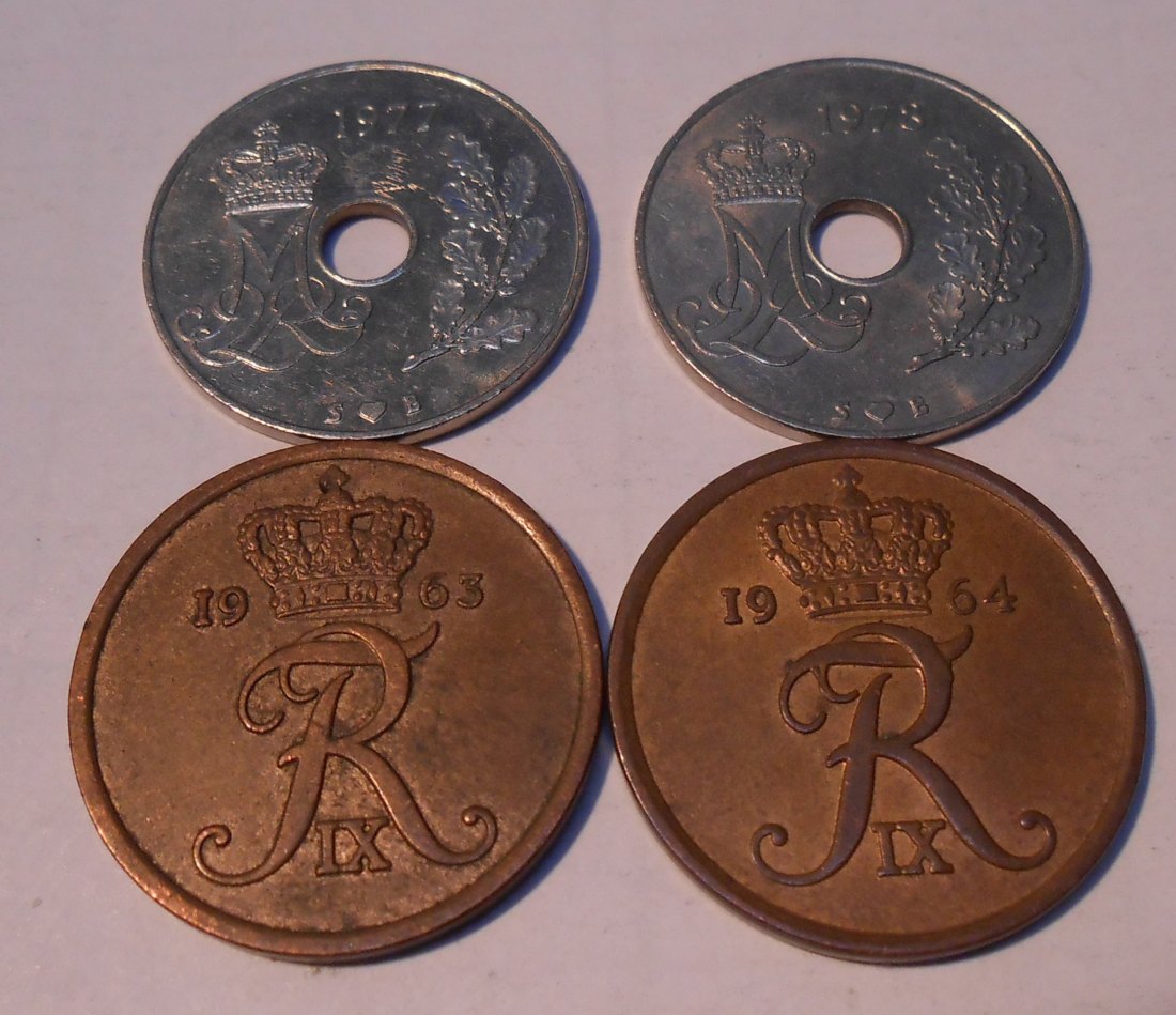  TK64 Dänemark 4er Lot, 5 Öre 1963 1964, 25 Öre 1977 1978   