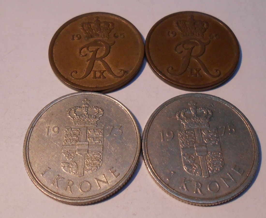  TK65 Dänemark 4er Lot 5 Öre 1965 1966, 1 Krone 1973 1975   