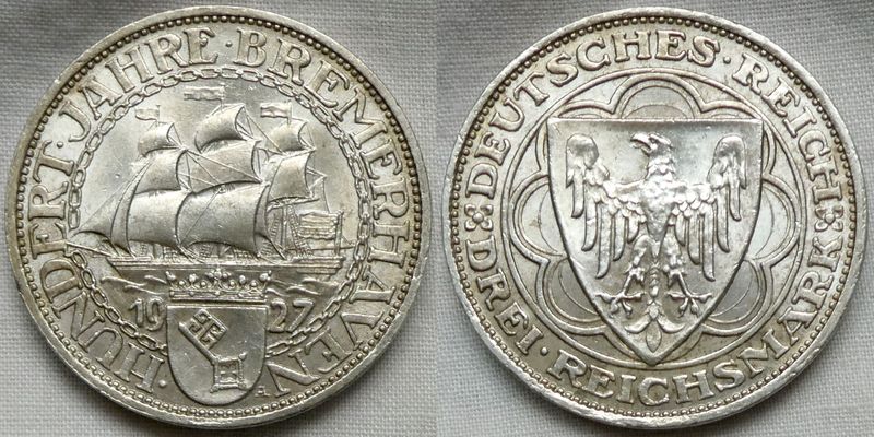  Weimarer Republik - 3 Reichsmark 1927 A - Bremerhaven - J.325 - Erhaltung !!   