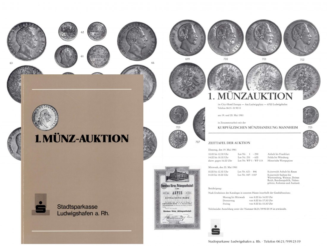  Stadtsparkasse (Ludwigshafen) Auktion 1 (1981) Deutsche Münzen & Medaillen / Historische Wertpapiere   