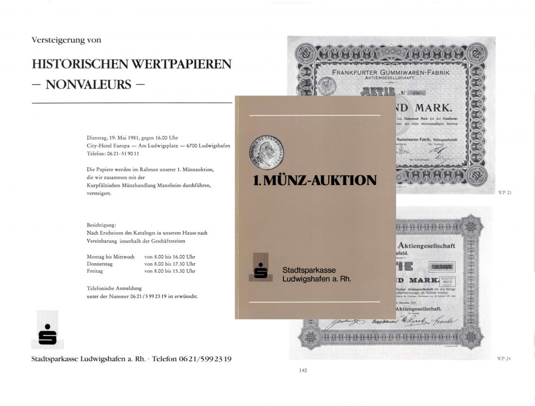 Stadtsparkasse (Ludwigshafen) Auktion 1 (1981) Deutsche Münzen & Medaillen / Historische Wertpapiere   