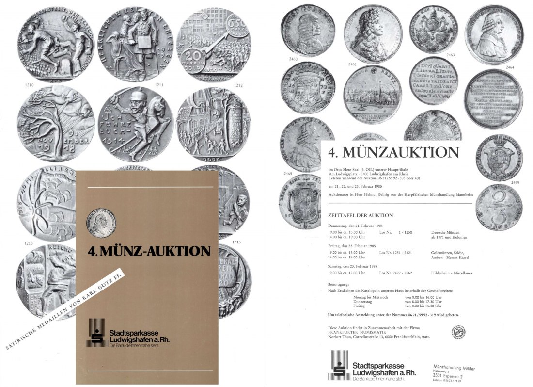  Stadtsparkasse (Ludwigshafen) Auktion 4 (1985) Satirische Medaillen von Karl Götz FF. ,Goldmünzen ua   