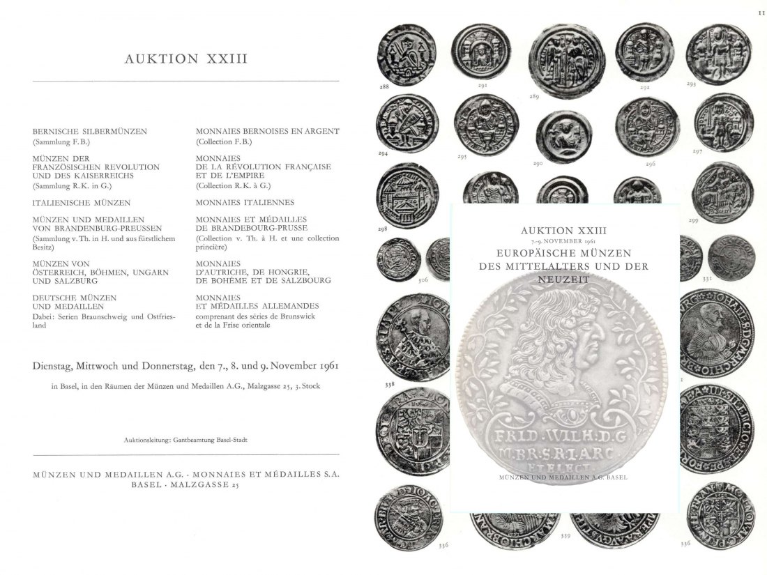  Münzen & Medaillen AG Basel - Auktion 23 (1961) Europäischen Münzen ,Sammlung Bern & Brandenburg   