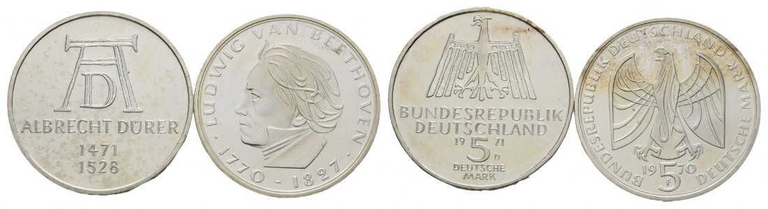  BRD; 5 DM 1971 D Albrecht Dürer; 5 Mark 1970 F Beethoven; Gedenkmünzen   