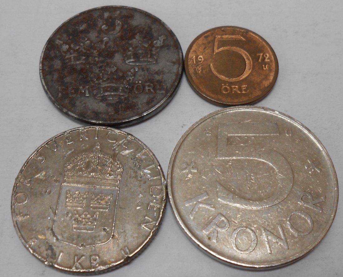 TK75 Schweden 4er Lot, 5 Öre 1943 1972, 1 Krone 1980, 5 Kronen 1982