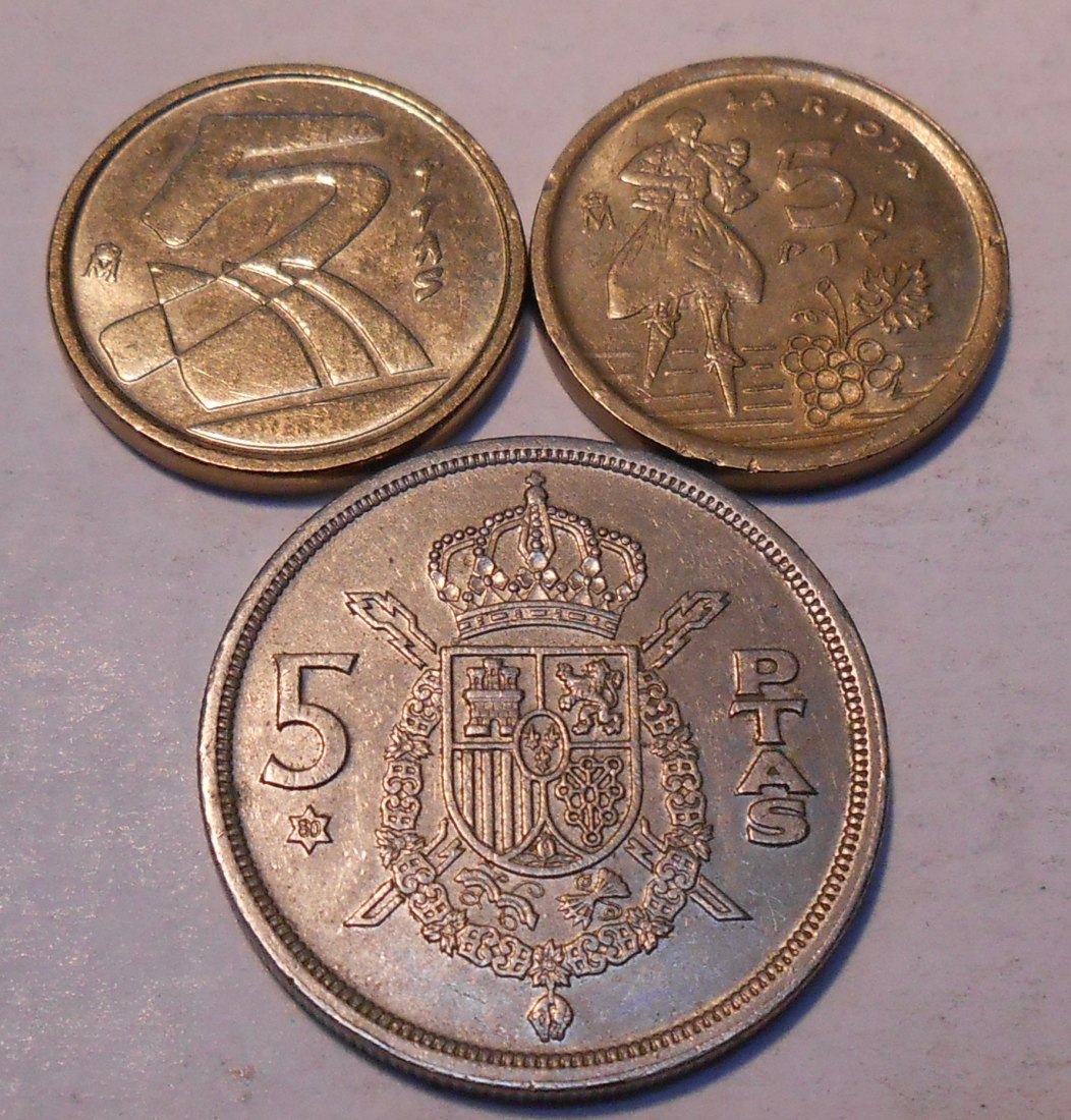  TK80 Spanien 3er Lot, 5 Pesetas 1975 (mit 80 im Stern), 5 Pesetas 1992+1996   