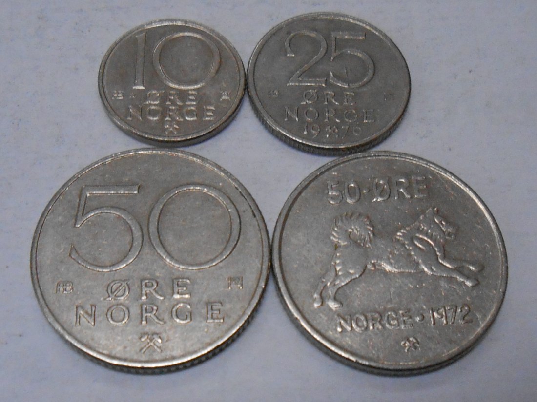  TK83 Norwegen 4er Lot , 10 Öre 1980, 25 Öre 1976, 50 Öre 1972 und 1975   