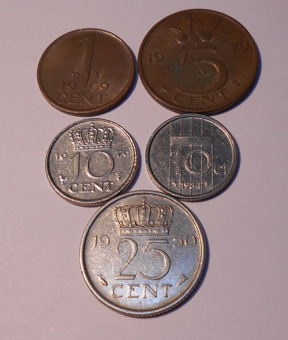  TK84 Niederlande 5er Lot, 1 Cent 1969, 5 Cent 1979, 10 Cent 1976 1980, 25 Cent 1950   