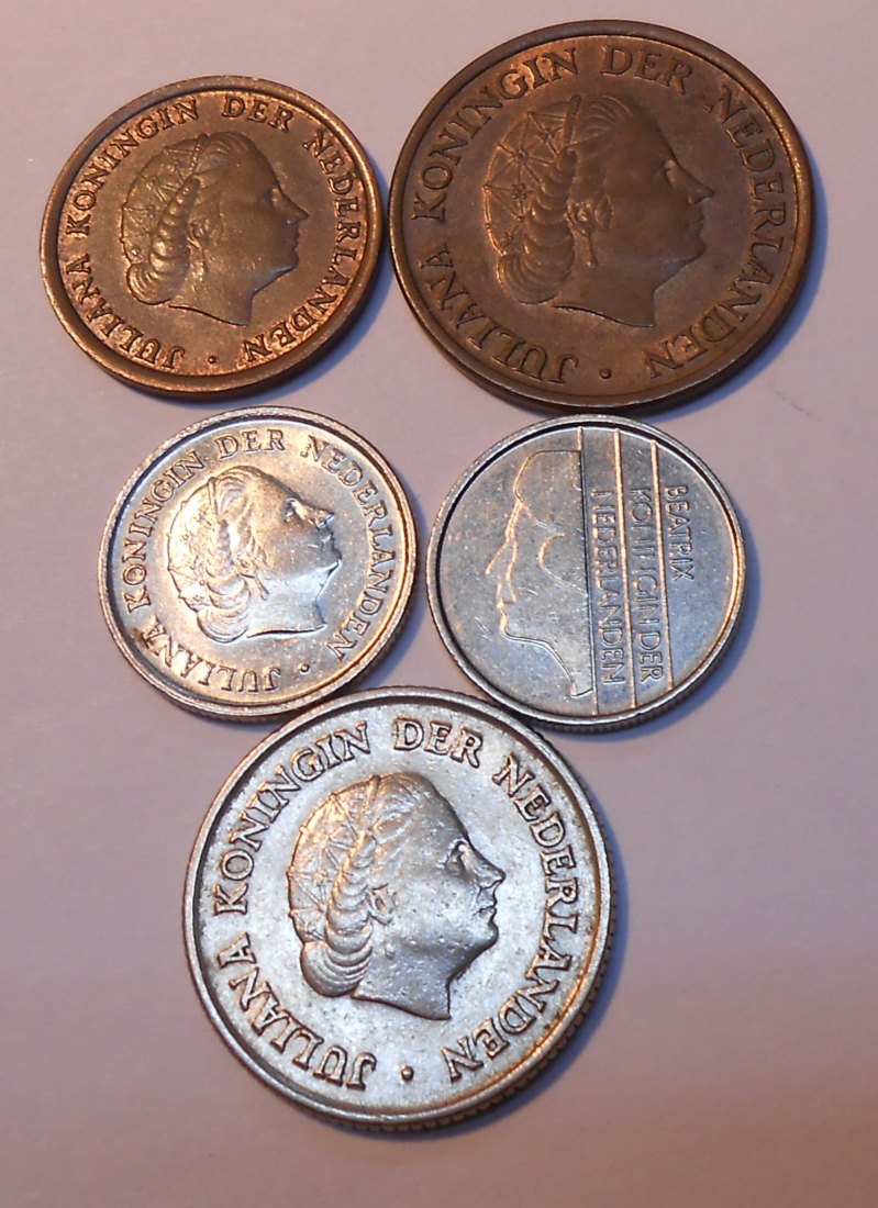 TK84 Niederlande 5er Lot, 1 Cent 1969, 5 Cent 1979, 10 Cent 1976 1980, 25 Cent 1950   
