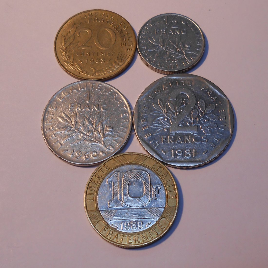 TK87 Frankreich 5er Lot, 20 C.1983, ½ Franc 65, 1 Franc 60, 2 Francs 81, 10 Francs 89