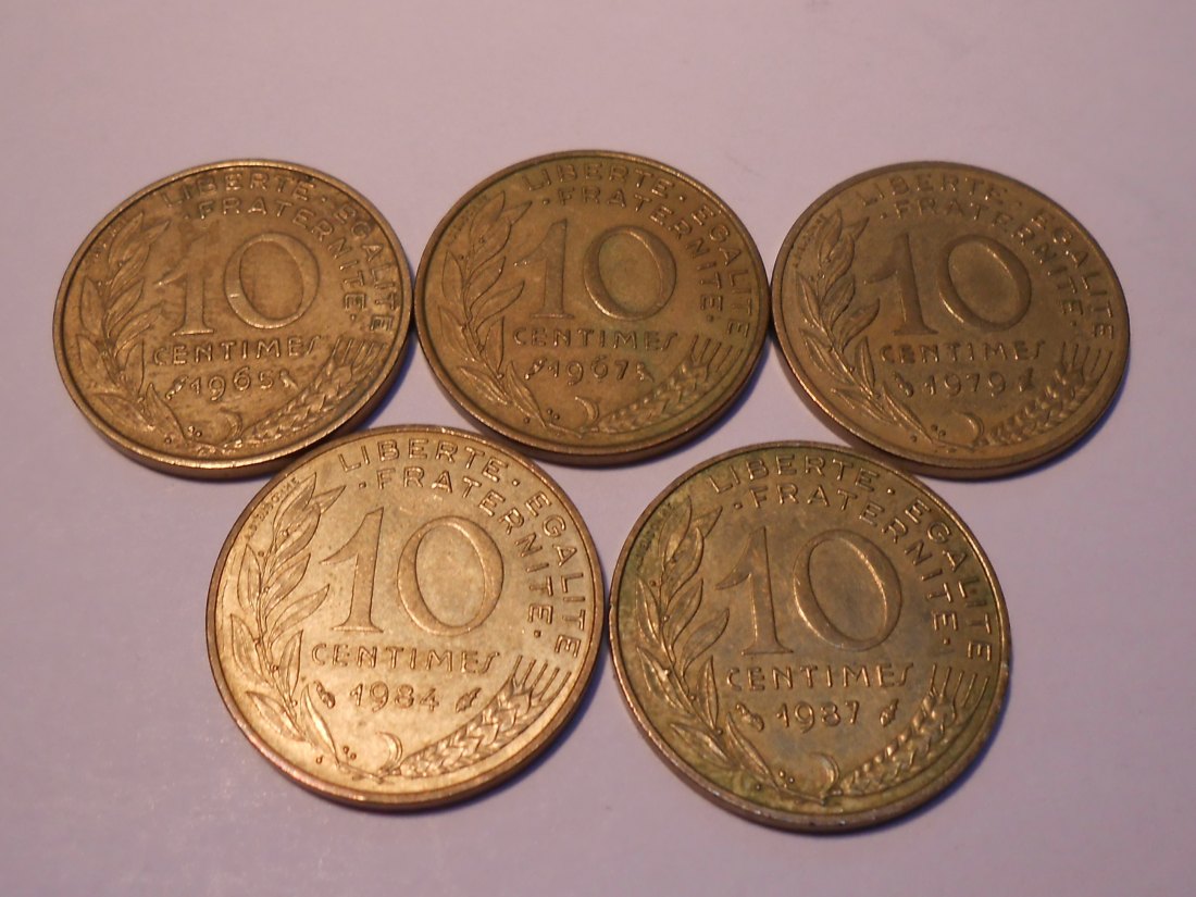  TK90 Frankreich 5er Lot, 10 Centimes 1965, 1967, 1979, 1984 und 1987   