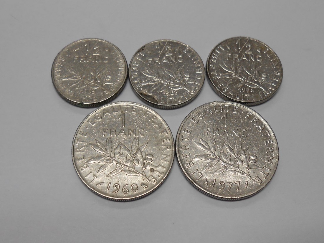  TK92 Frankreich 5er Lot, ½ Franc 1965, 1983 und 1994, 1 Franc 1960 und 1977   