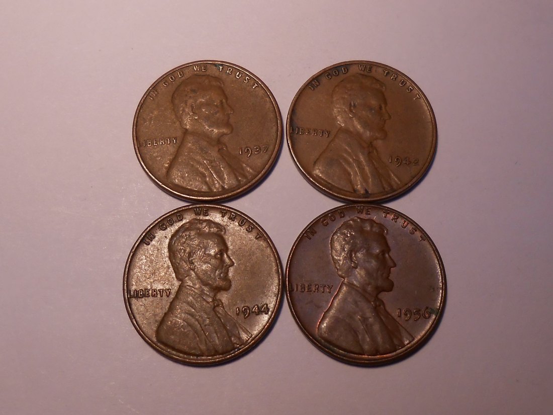  TK96 USA 4er Lot, 1 Cent KM# 132 Wheat Penny, Lincoln 1937, 1942, 1944 und 1956   