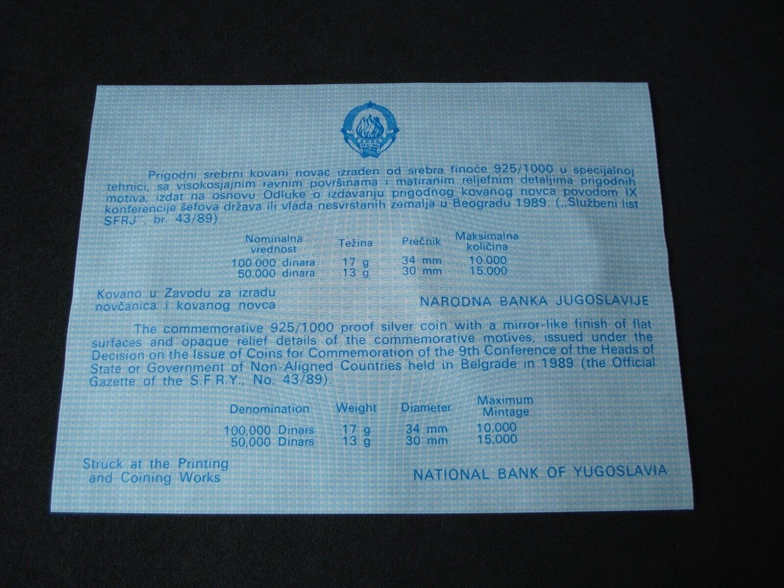  Jugoslawien, 50K und 100K Dinara satz, 1989, proof silber, Blockfreie Konferenz, Belgrad   
