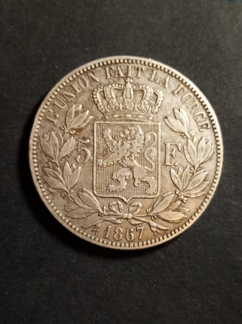  Belgie - 5 Francs 1867 mit Punkt nach F, selten   