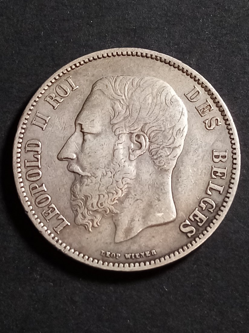 Belgie - 5 Francs 1867 mit Punkt nach F, selten   