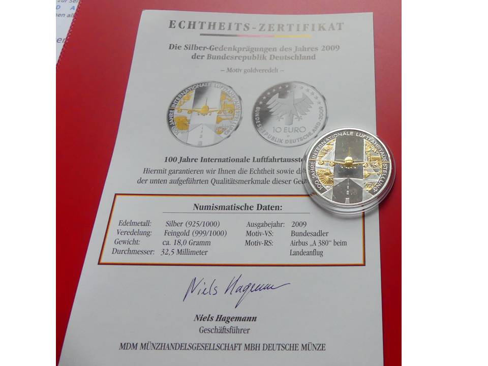  10 Euro BRD 2009 Silber „Luftfahrtausstellung“ mit Teilvergoldung , mit Zertifikat   