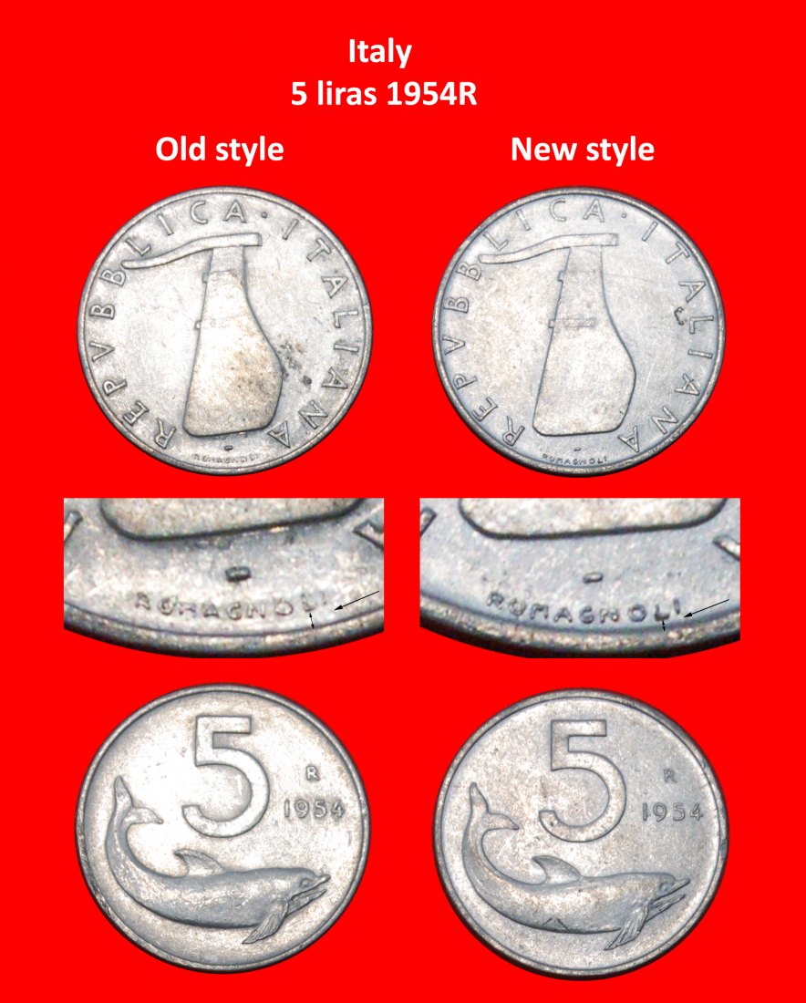  * DOLPHIN and RUDDER (1951-2001): ITALY ★ 5 LIRAS 1954R BOTH TYPES!!!★LOW START ★ NO RESERVE!   