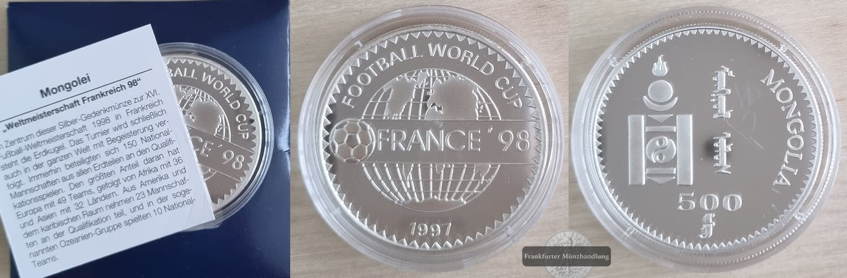  Mongolei  500 Tugrik 1997  FIFA-WM  FM-Frankfurt Feingewicht: 29,1g   
