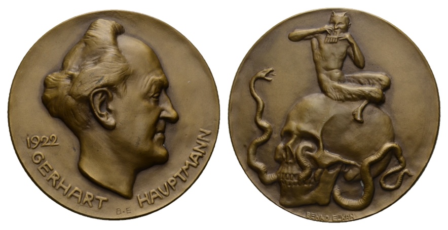  Medaille; Bronze; Nachguss; Gerhart Hauptmann 1922; 178,89 g, Ø 70,7 mm   