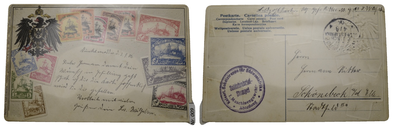  Postkarte; Deutsch-Südwestafrika;Kaiserl. Schutztruppe f.Südwestafrika;Feldpost;Soldatenbriefstempel   