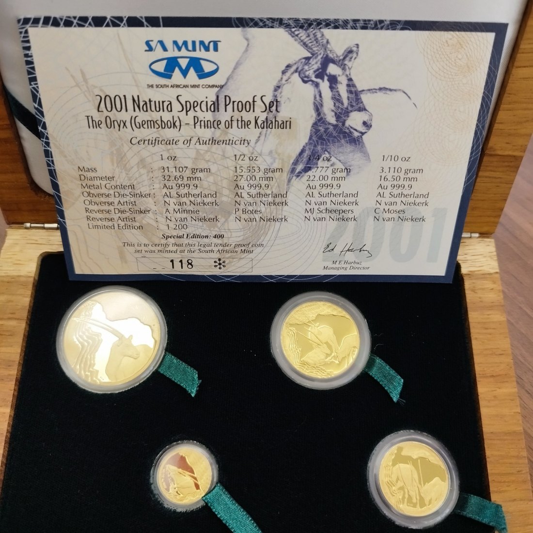 PEUS 1574 Südafrika Insg. 57,54 g Feingold. Oryxantilopen incl. Holzbox + Zertifikat Prestige-Set Natura (4 Münzen) GOLD 2001 Proof (Kapsel)
