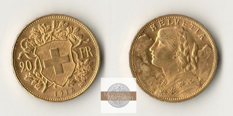 Schweiz MM-Frankfurt Feingold: 5,81g 20sFR (Vreneli) 1912 B 