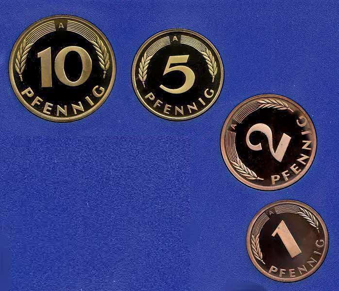  1995 A * 1 2 5 10 Pfennig 4 Münzen DM-Währung Polierte Platte PP, proof, top   