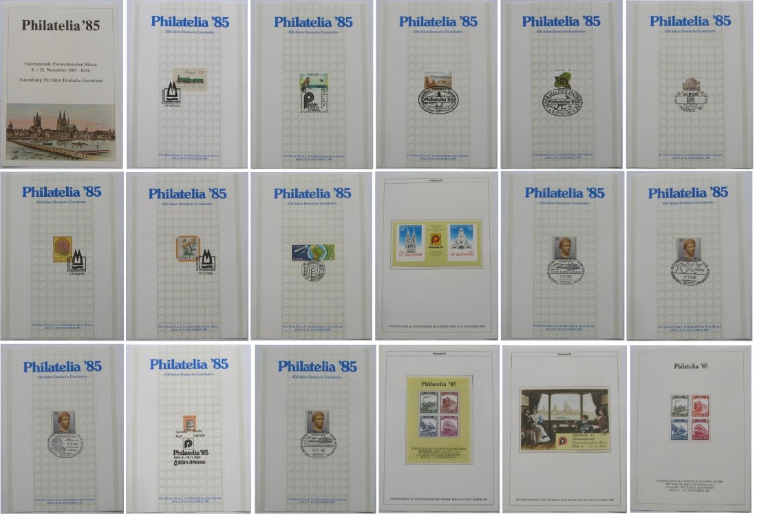  1985-Deutschland-PHILATELIA 85-Ausstellungssatz mit 18 Philatelie-Ausstellung Karten   