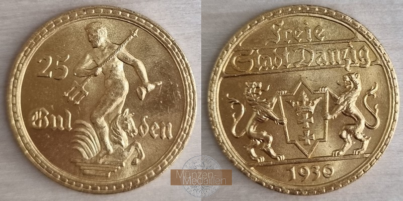 Danzig MM-Frankfurt  Feingewicht: 7,324g Gold 25 Gulden 1930 vorzüglich