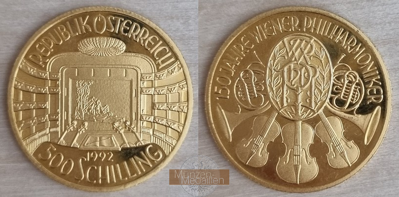 Österreich MM-Frankfurt Feingold: 8g 500 Schilling 150 Wiener Philharmoniker 1992 