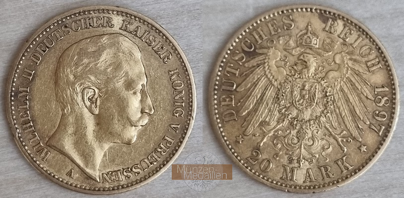 Deutsches Kaiserreich, Preussen. Wilhelm II. (1888-1918) 20 Mark 1897 A MM-Frankfurt  Feingold: 7,17g