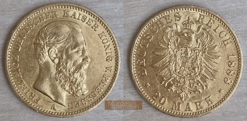 Preussen, Kaiserreich    20 Mark MM-Frankfurt Feingold: 7,17g Friedrich III 1888 A 