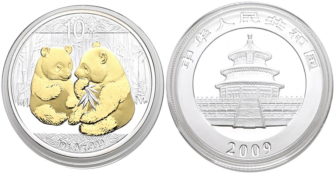 PEUS 1584 China 31,1 g Feinsilber. Zwei Pandas vor Bambus 10 Yuan SILBER Unze teilvergoldet 2009 Uncirculated (Kapsel)