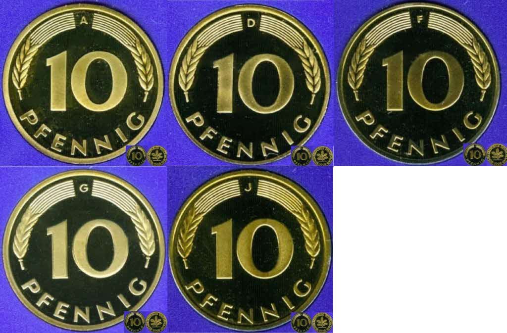  1992 A D F G J * 5 x 10 Pfennig komplett 5 Münzen Polierte Platte PP, proof, top   