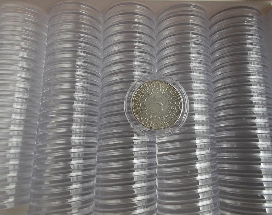  100 Stück Münzkapseln Münzdosen für 5 DM Münzen 30mm Innen-DM Acryl klar randlos NEU   