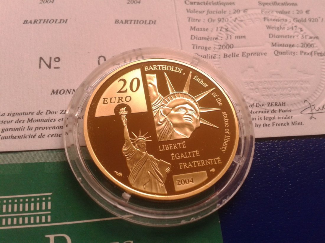  Original 20 euro 2004 PP Frankreich Bartholdi Gold 17 g 920er Gold   