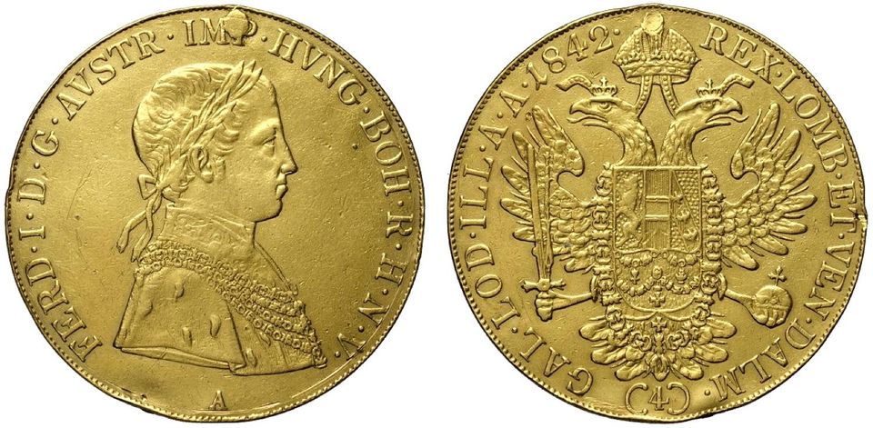  Original 4 Dukaten 1842 Österreich Ferdinand I. 13,78g Gold gestopftes Loch   