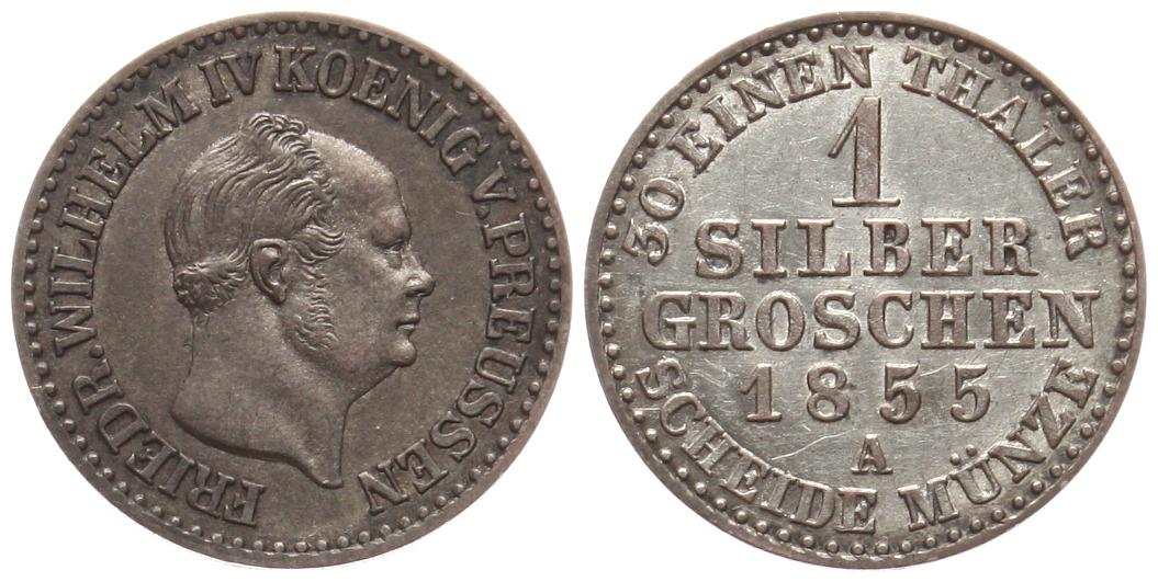  Preussen: Friedrich Wilhelm IV., 1 Silbergroschen 1855 A, Patina, hübsche Erhaltung!   