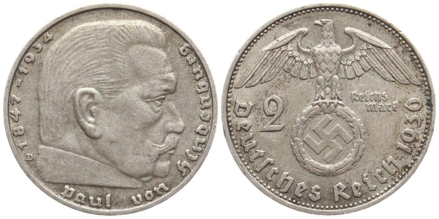  Deutschland: III. Reich, 2 Mark 1936 D, besseres Jahr, siehe Bilder!   