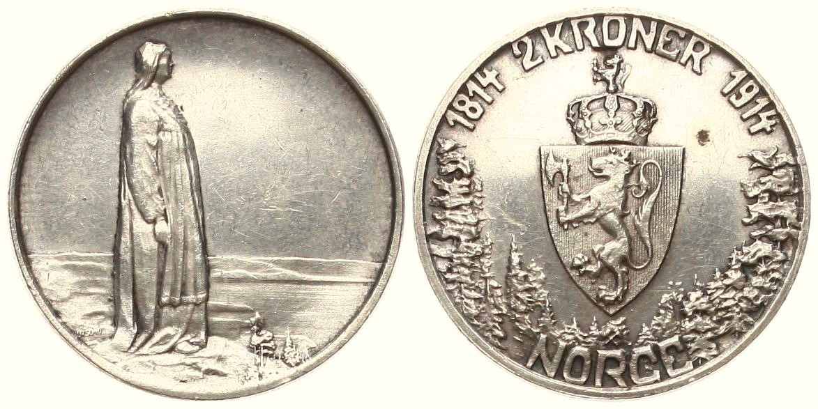  Norwegen: Håkon VII., 2 Kroner 1914. zum 100 jährigen jubil. der Verfassung, Silber, schöne Patina!   