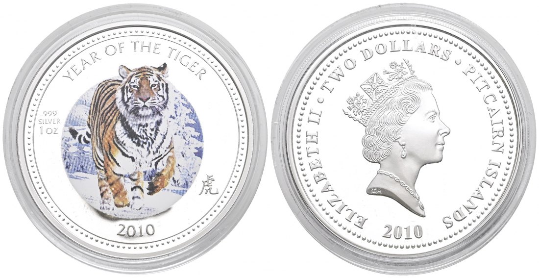 PEUS 1595 Pitcairninseln 31,1 g Feinsilber. Jahr des Tigers Multicolor 2 Dollars SILBER Unze 2010 Proof (in Kapsel)