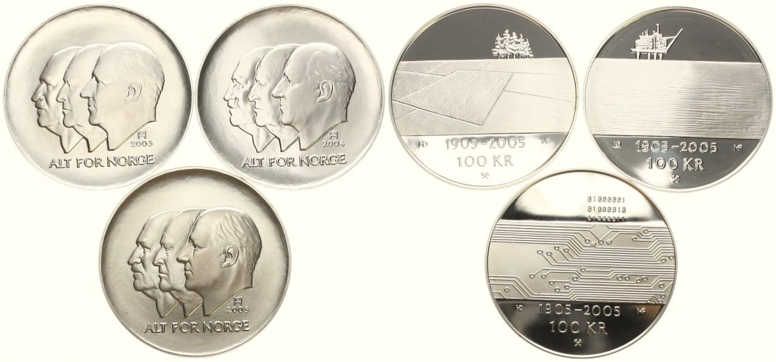  Norwegen: Harald V., 3 x 100 Kroner 2003-2005, näheres unten!   