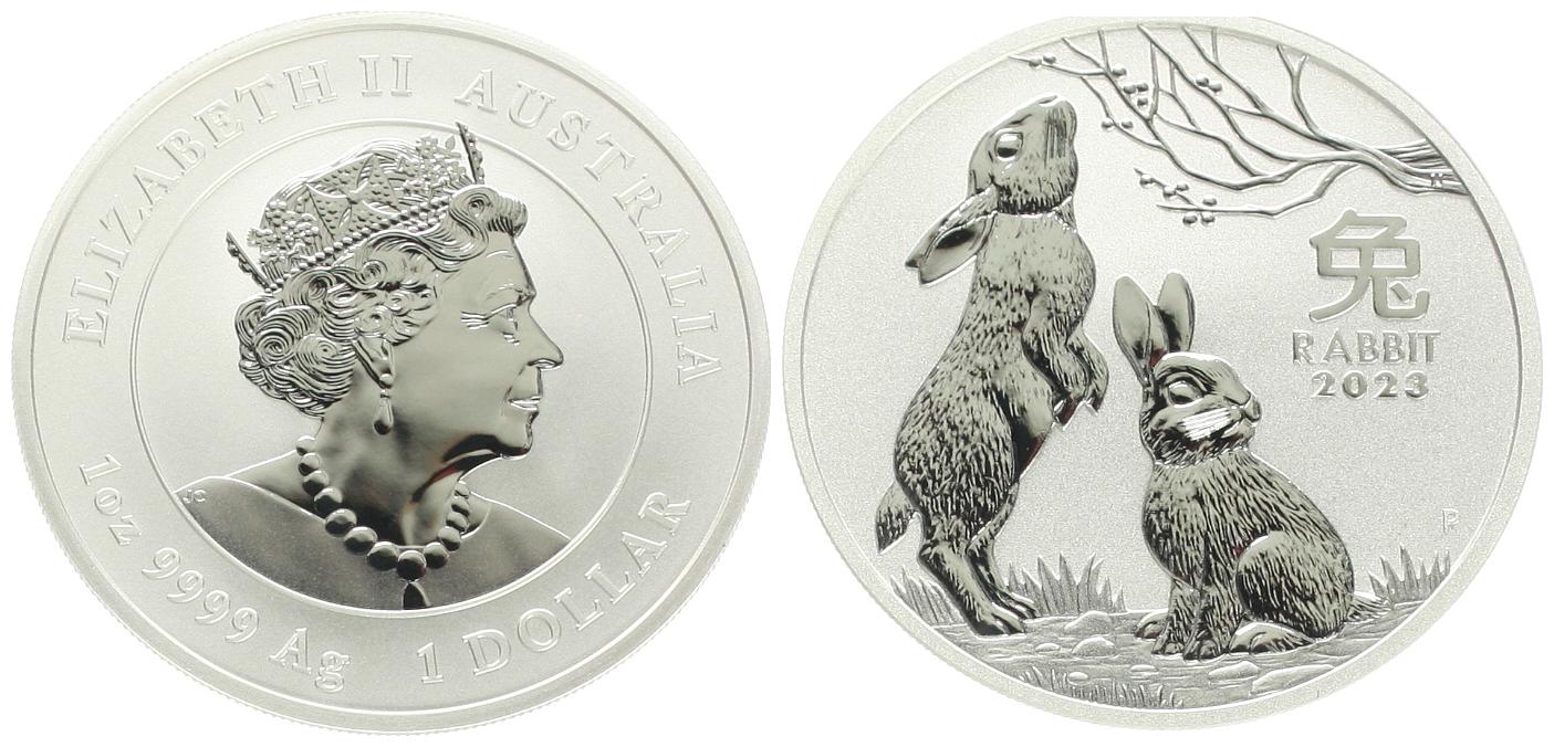  Australien, 1 Dollar 2023 zum Jahr des Hasen. 1 Unze reines Silber (31,1 Gramm) in Kapsel!   
