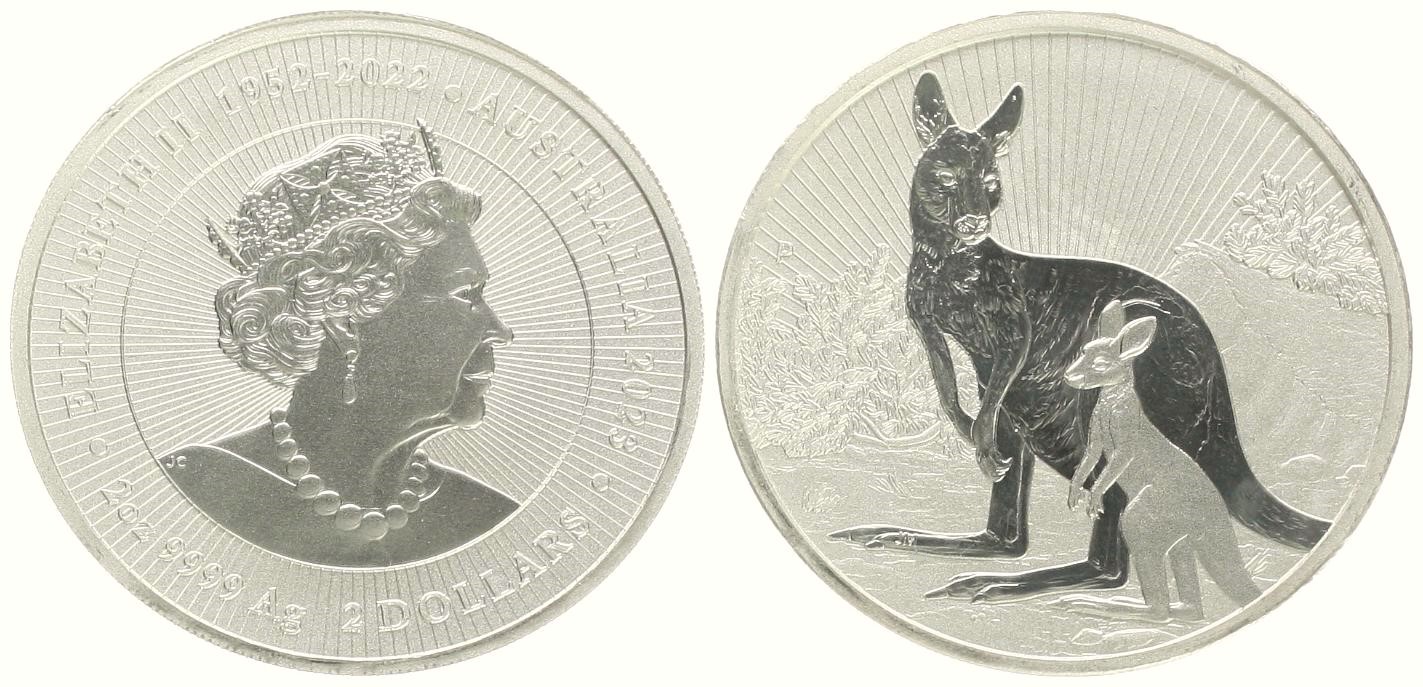  Australien: Elisabeth II., 2 Dollar 2023, 2 Unzen Feinsilber (62,2 Gramm), Känguru   